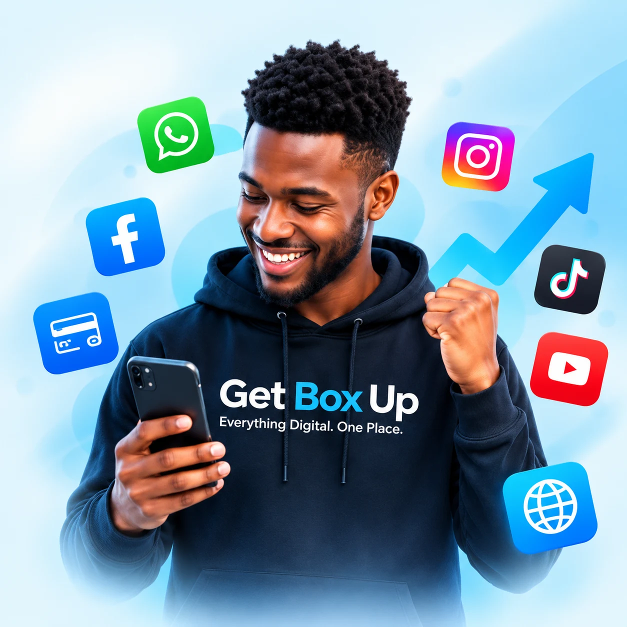 Get Box Up customer using his phone, surrounded by digital service icons